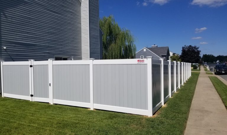 white with gray picket infill two tone solid privacy fence-min