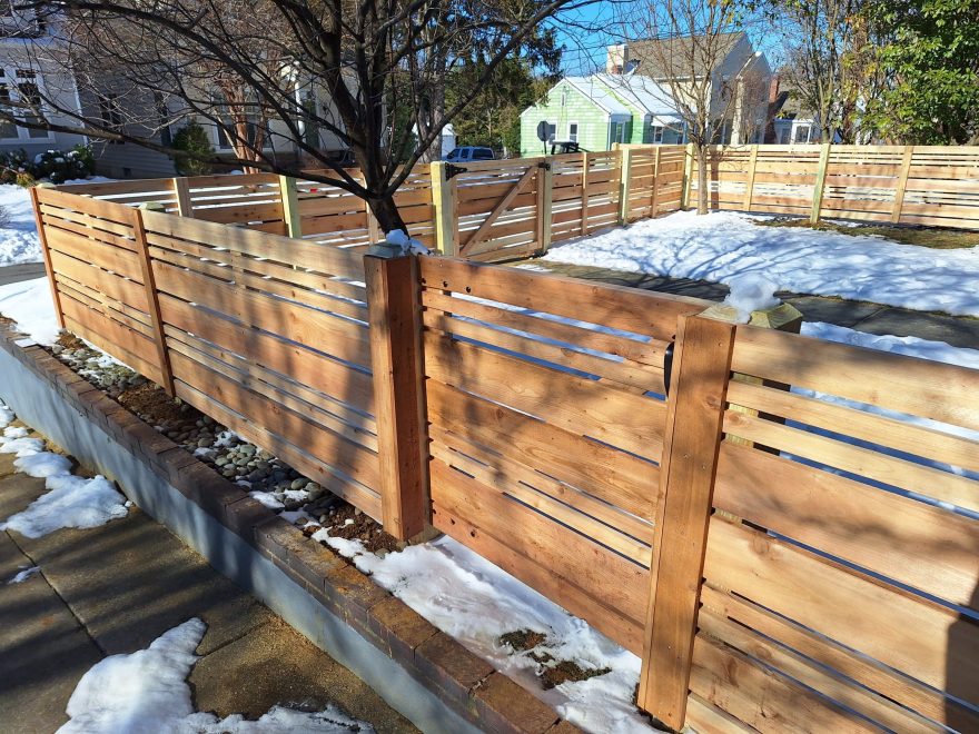 3_h Cedar Horizontal Fence wDog Eared Post Mixed 1x6 1x4 & 1x2 Pickets Runners w Spacing with matching 3 foot walk gate