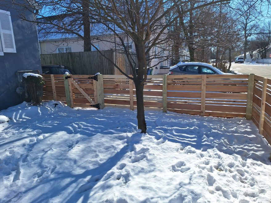 3_h Cedar Horizontal Fence wDog Eared Post Mixed 1x6 1x4 & 1x2 Pickets Runners w Spacing with matching 3 foot walk gate with Standard Hardware