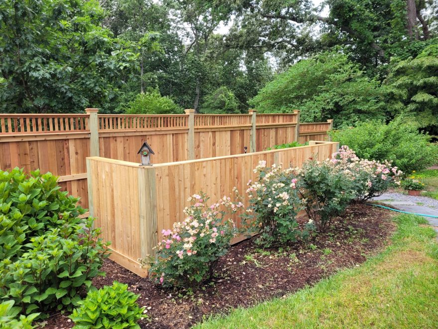 4 foot High, Cedar Vertical Board Fence w Cedar Cap Boards and Bottom 1x6 Cedar Fascia Boards in front of