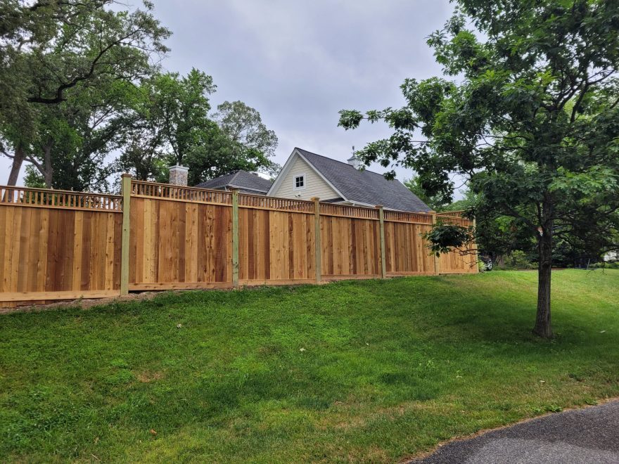 Cedar Vertical Board Fence w 6x6 Pressure-Treated Posts, Cedar Closed Spindles, Bottom 1x6 Cedar Fascia Boards, and Cedar New England Post Caps 20230621_110117