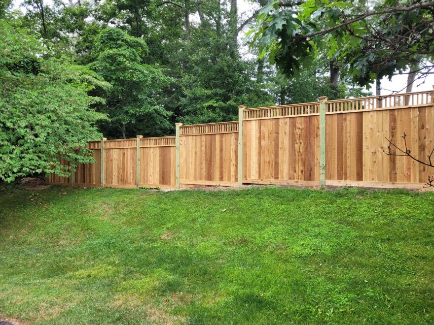 Cedar Vertical Board Fence w 6x6 Pressure-Treated Posts, Cedar Closed Spindles, Bottom 1x6 Cedar Fascia Boards, and Cedar New England Post Caps 20230621_110117