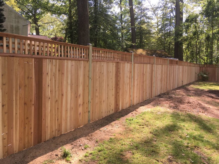 Cedar Vertical Board Fence w 6x6 Pressure-Treated Posts, Cedar Lattice and standard Black Post Caps