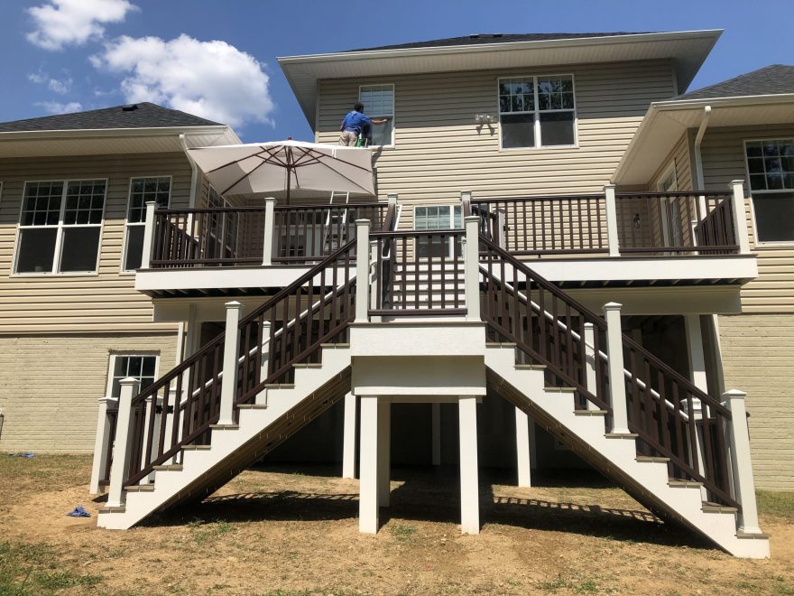 TimberTech Legacy Pecan Decking with Trex Vintage Lantern Composite Railing with White Trex Composite Posts + White Vinyl Fascia Beam and Post Wraps