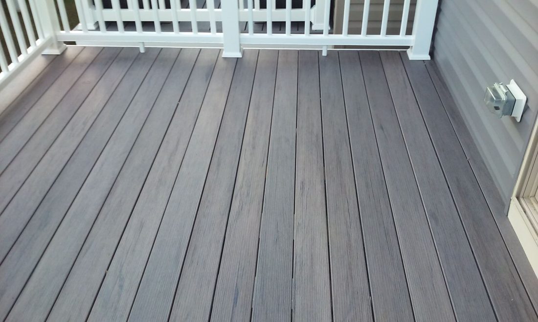 TimberTech Terrain Silver Maple Deck Boards with White Vinyl Washington Railing in Millersville MD