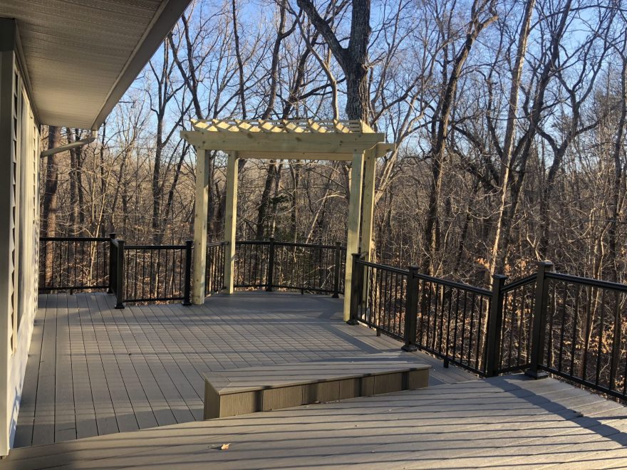 TimberTech Terrain Silver Maple Decking with Ultralox Black Aluminum Railing + Pressure Treated Pergola for Swing